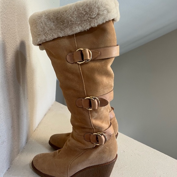 COLE HAAN WOMEN'S AIR MICHELLE KNEE-HIGH Y2K Wedge CIDER SUEDE BOOTS SIZE 9B - Picture 2 of 11